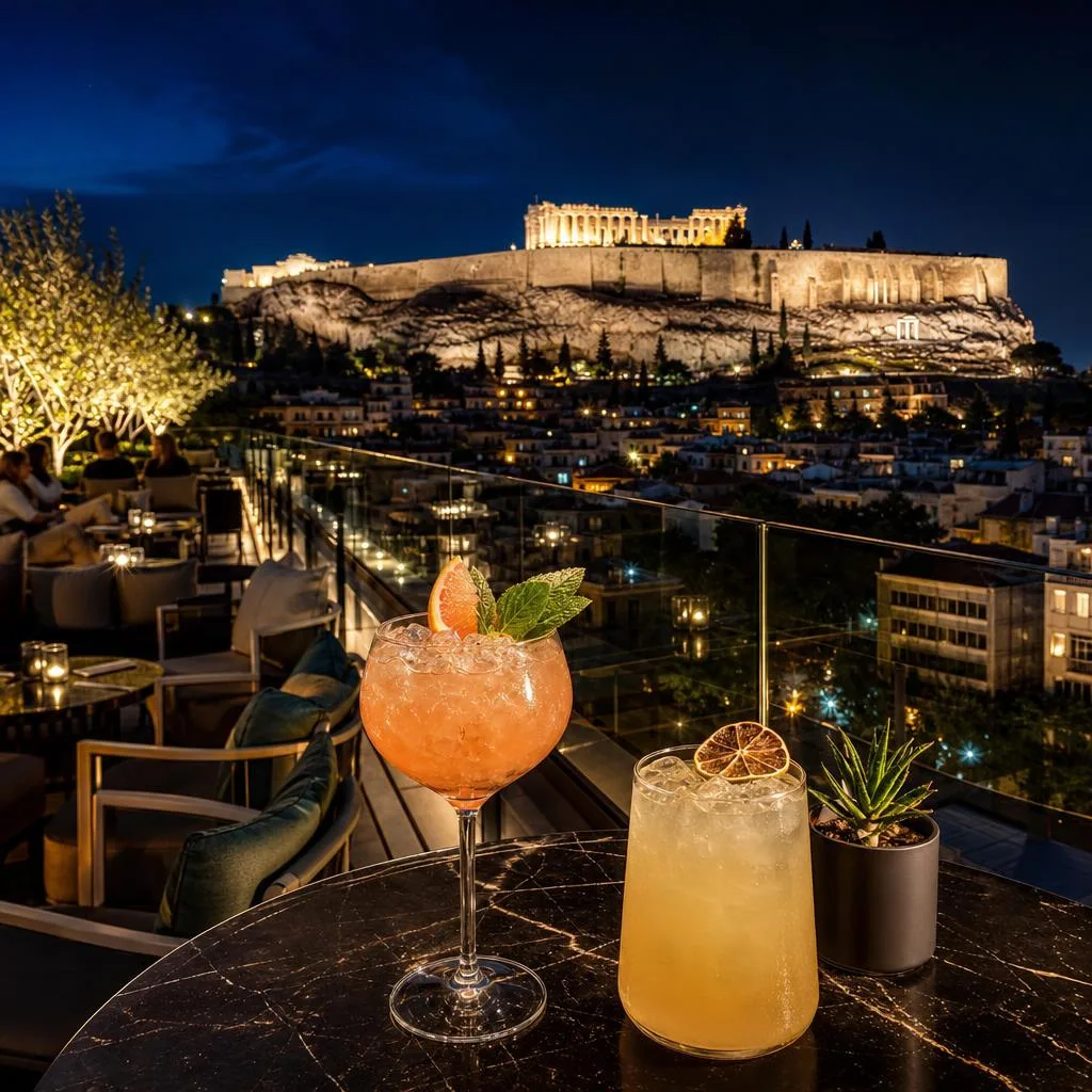 Rooftop bar terrace at A for Athens with Acropolis lit up at night