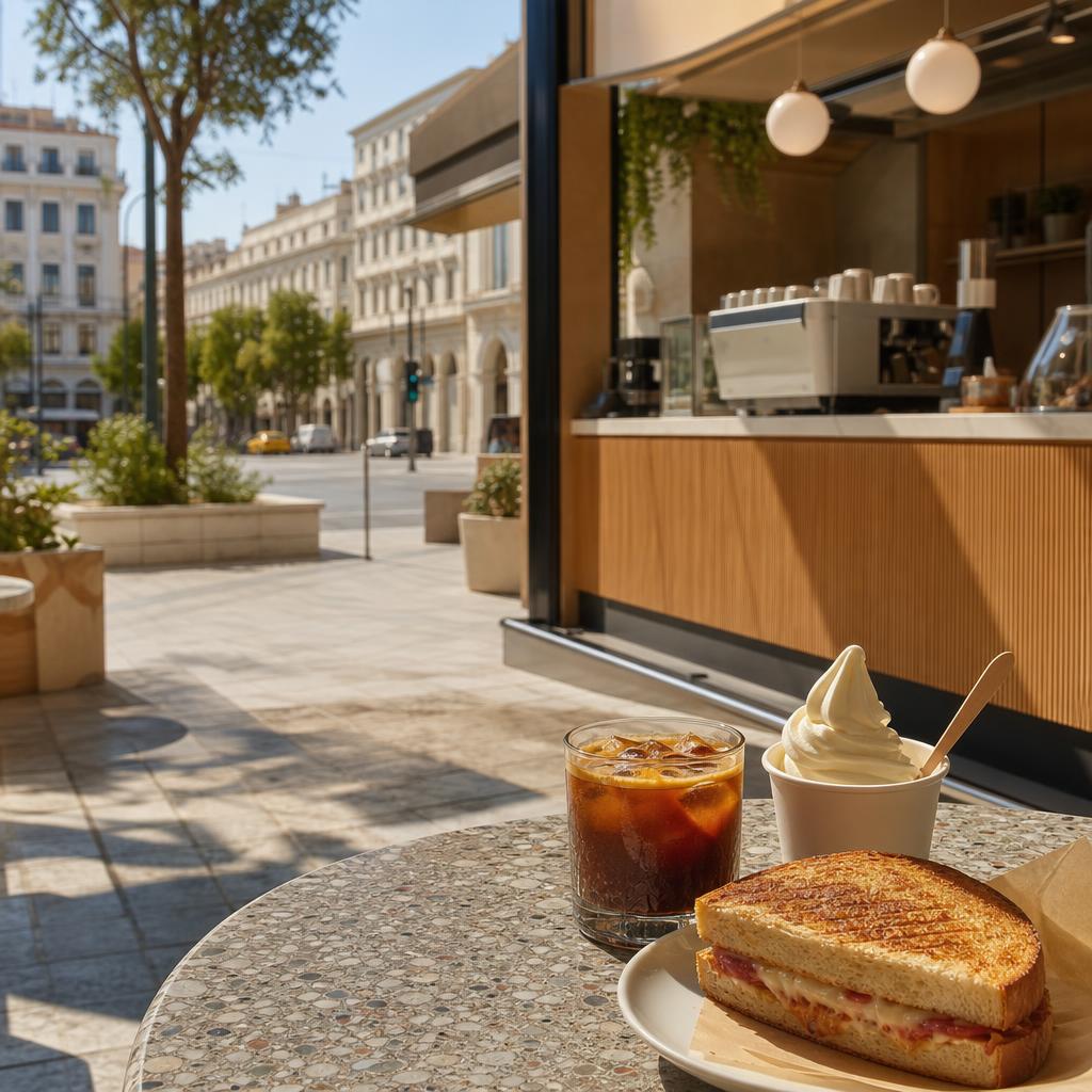 Atmospheric coffee, soft-serve and sandwich scene for Abuelo in central Athens