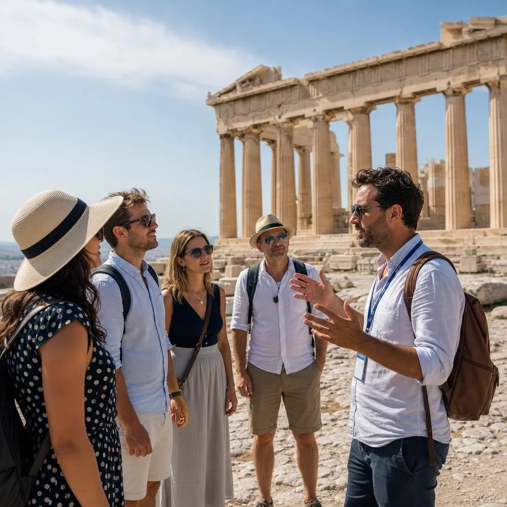 Guided group on the Acropolis rock with the Parthenon behind