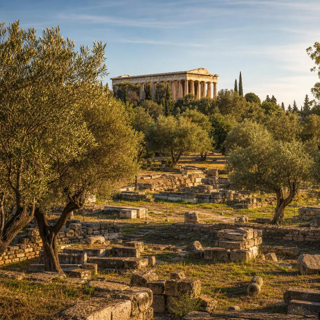 Ancient Agora of Athens with the Temple of Hephaestus in the background