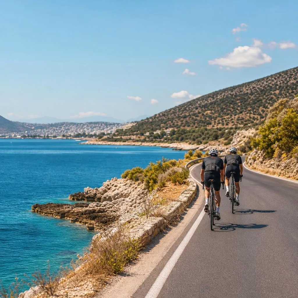 Cyclist on the Athens Riviera coastal path with blue sea in background