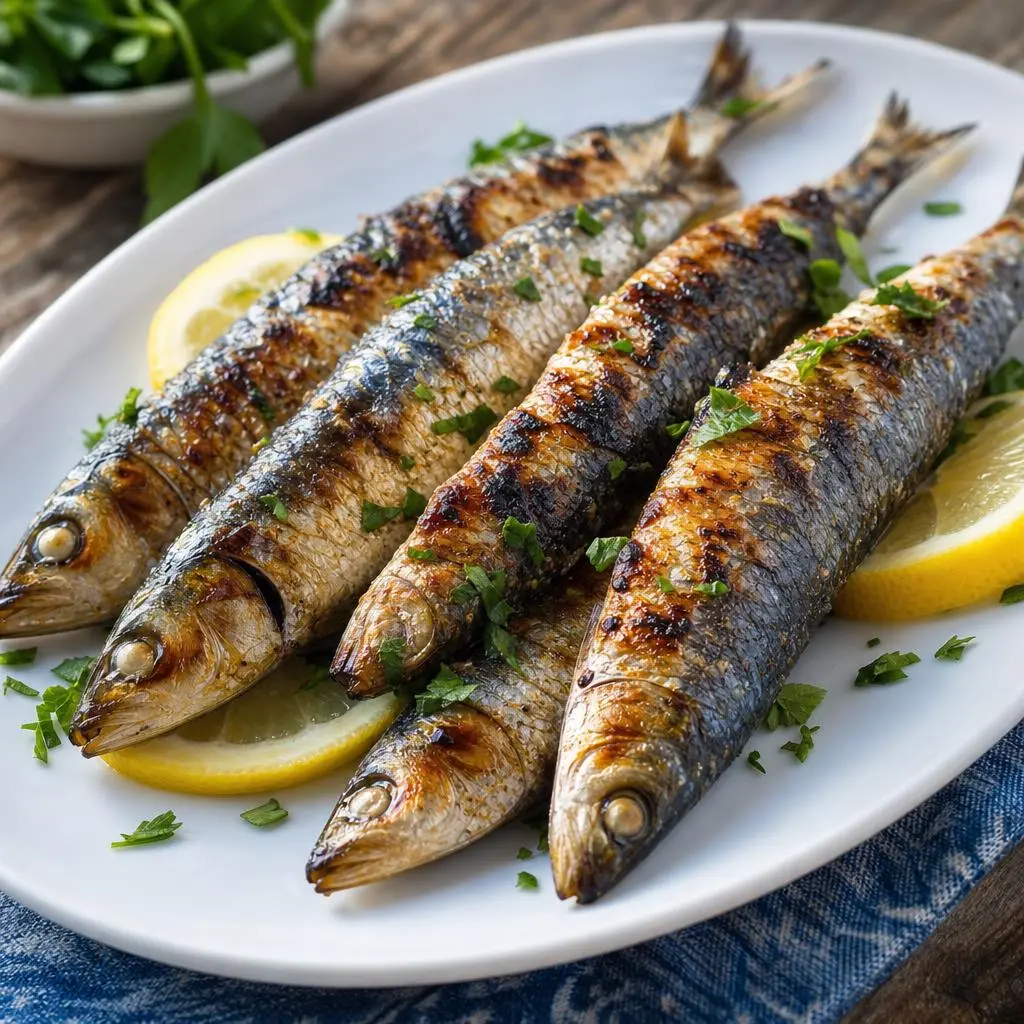 Plate of grilled sardines with lemon at Atlantikos seafood taverna in Psirri
