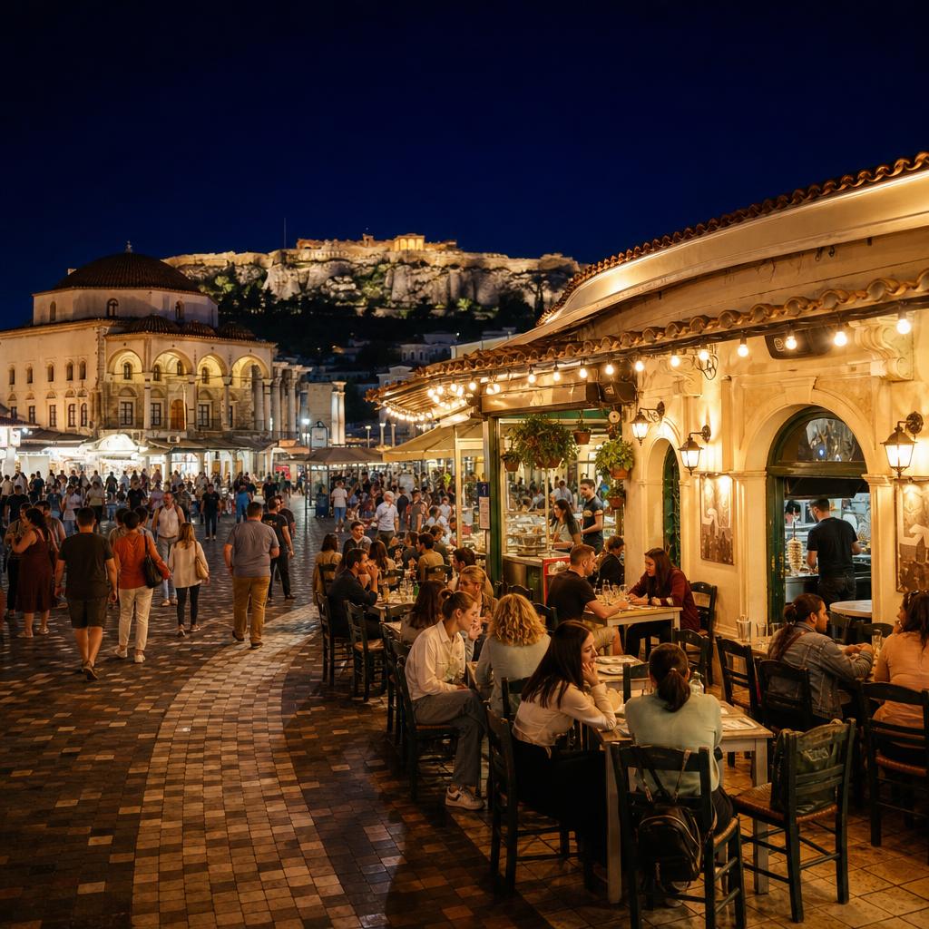 Busy Bairaktaris souvlaki restaurant on Monastiraki Square
