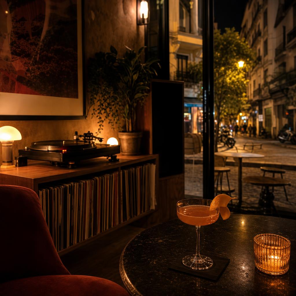 Atmospheric vinyl listening bar scene for Bar Ideal in Exarcheia, Athens