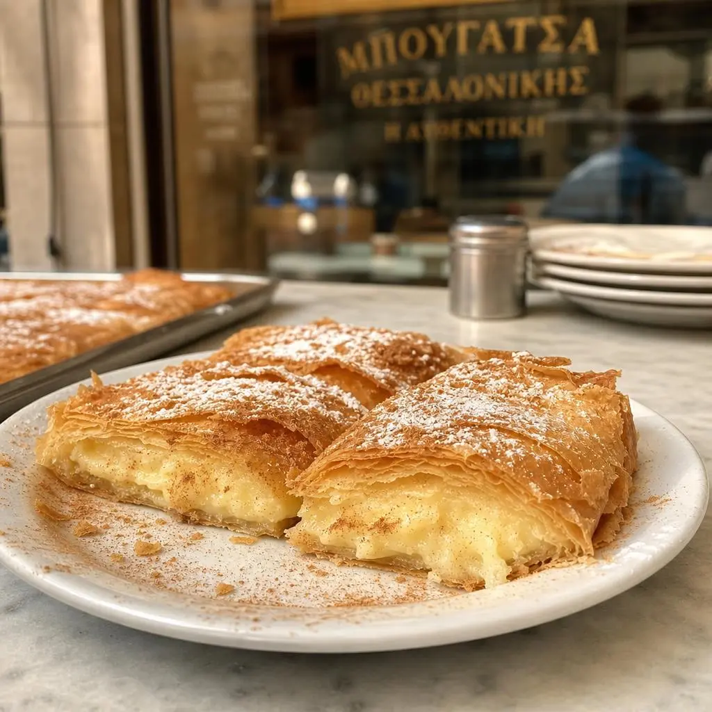 Warm custard bougatsa dusted with cinnamon at Bougatsadiko Psirri
