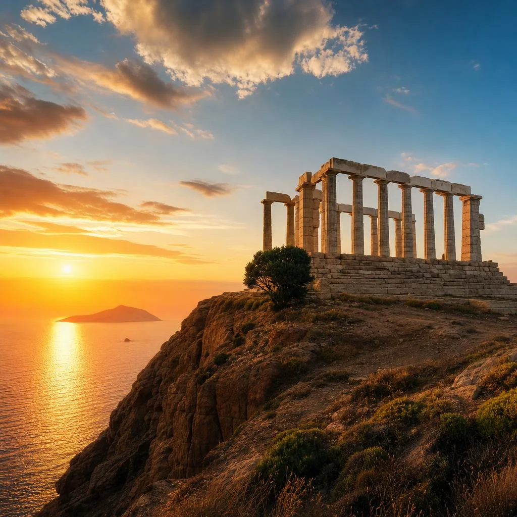 Temple of Poseidon at Cape Sounion at sunset overlooking the Aegean