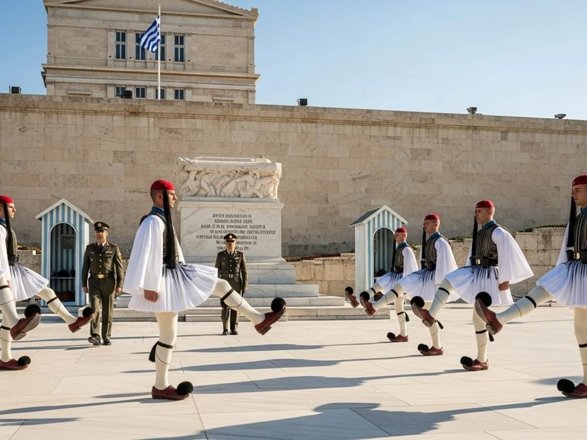 Evzone guards in full traditional dress performing the Changing of the Guards ceremony at Syntagma Square Athens