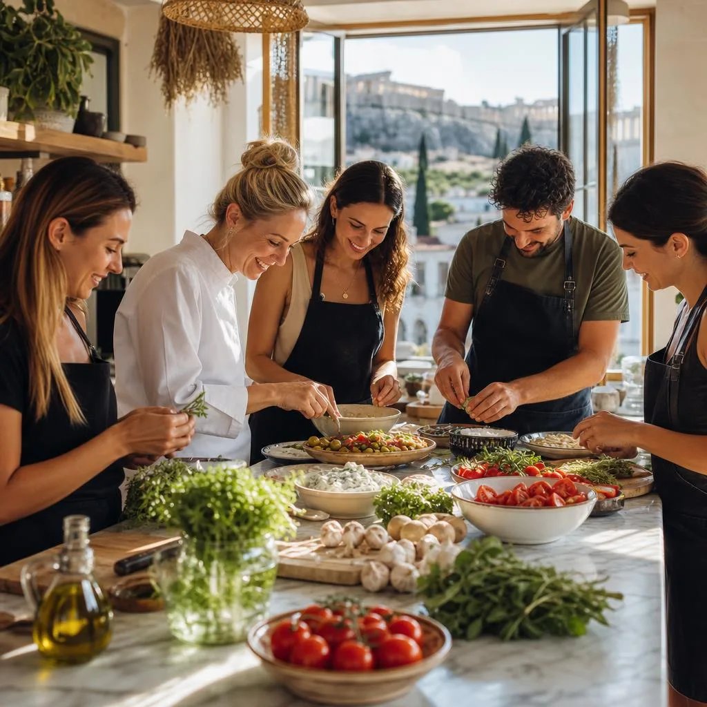 Greek cooking class with moussaka and spanakopita being prepared