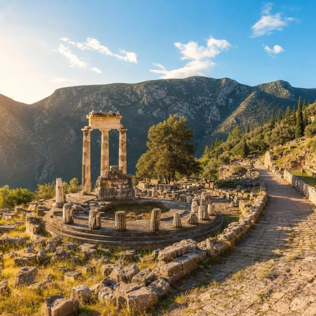 Temple of Apollo ruins at Delphi with mountain backdrop