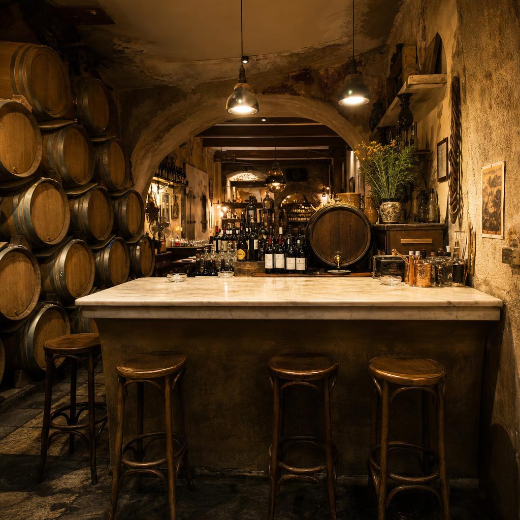 Underground taverna with marble counters and wine barrels at Diporto Agoras