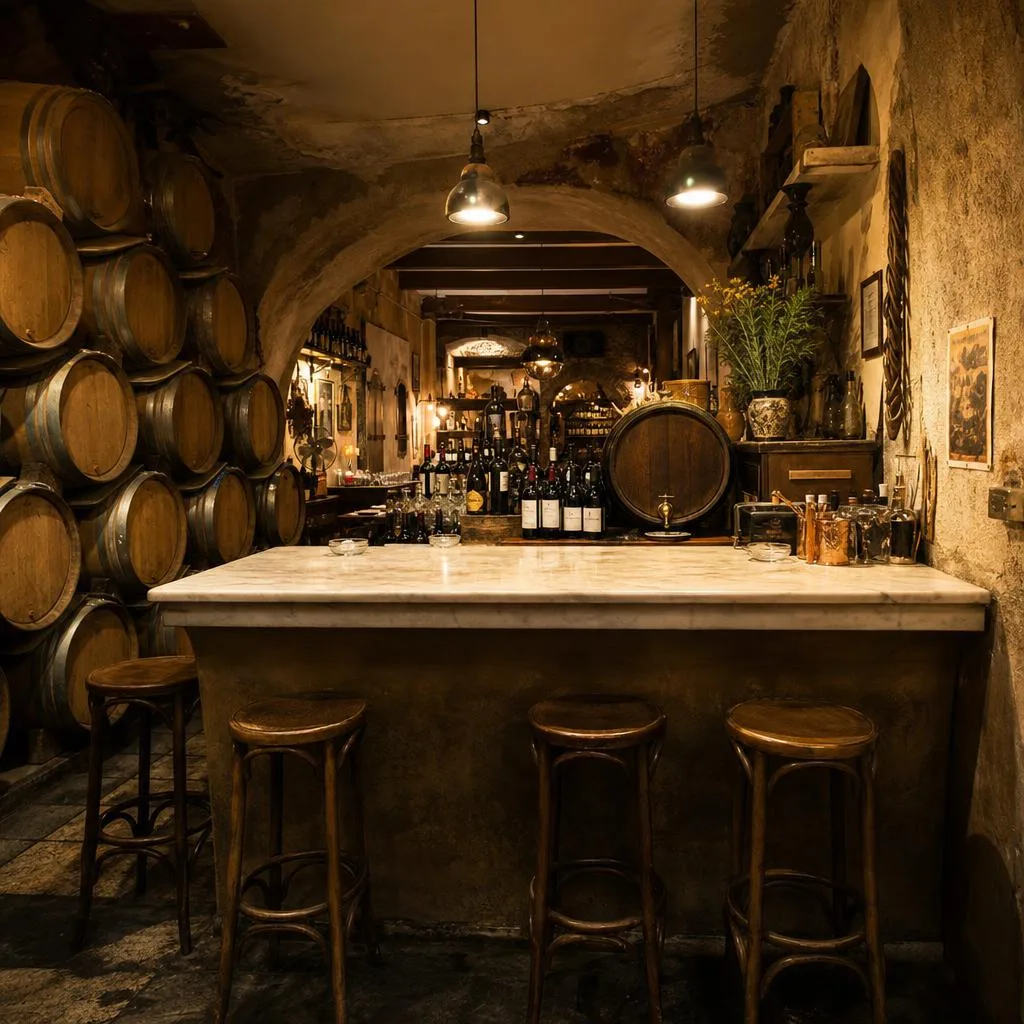 Underground taverna with marble counters and wine barrels at Diporto Agoras