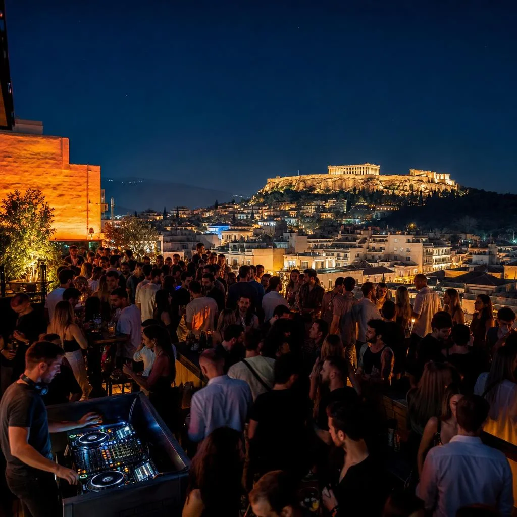 Gazarte rooftop with city panorama and live music stage at night