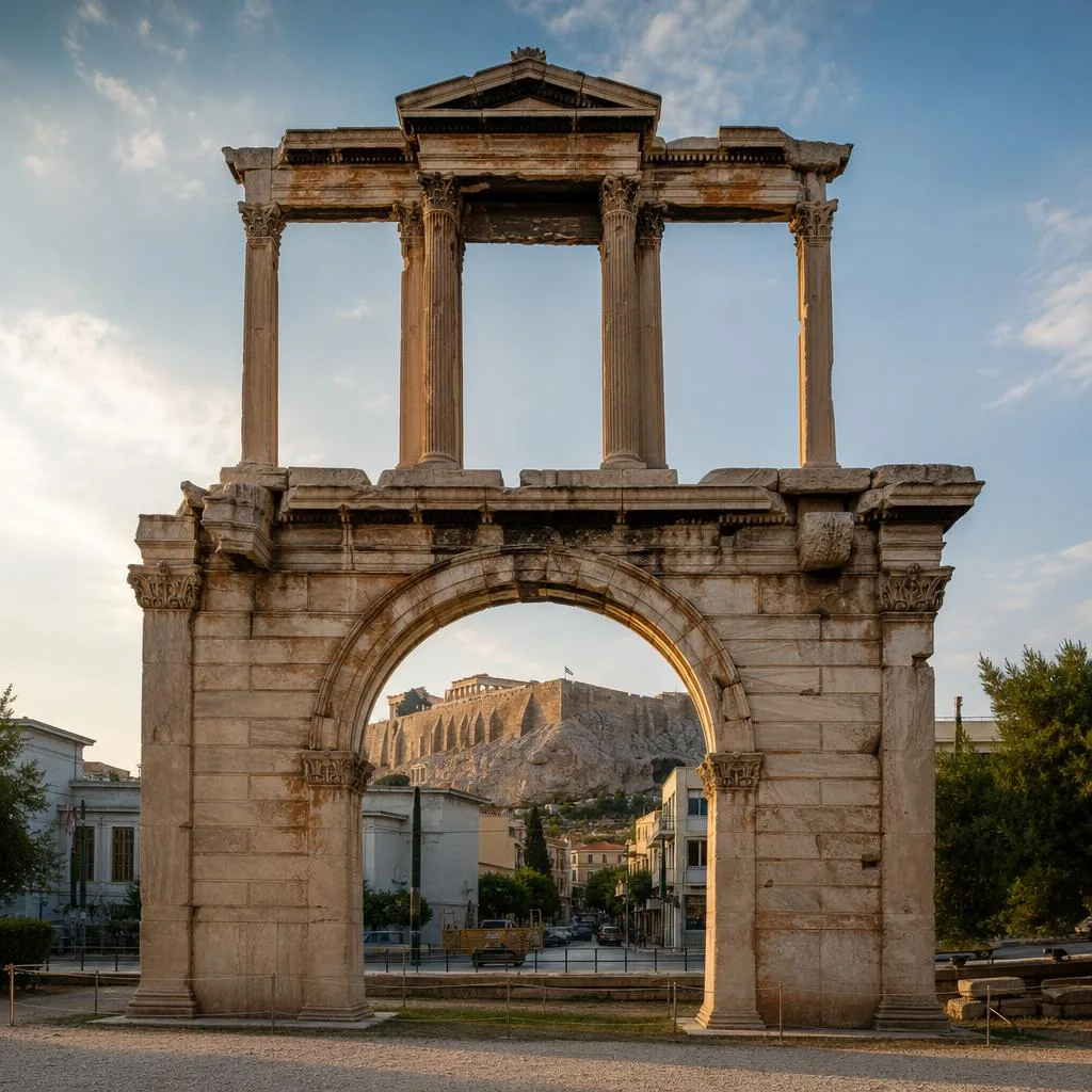 Hadrian's Arch marble triumphal arch with the Acropolis in the background Athens