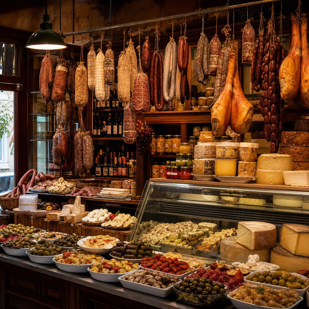 Wooden shelves lined with cured meats and cheeses at Ta Karamanlidika