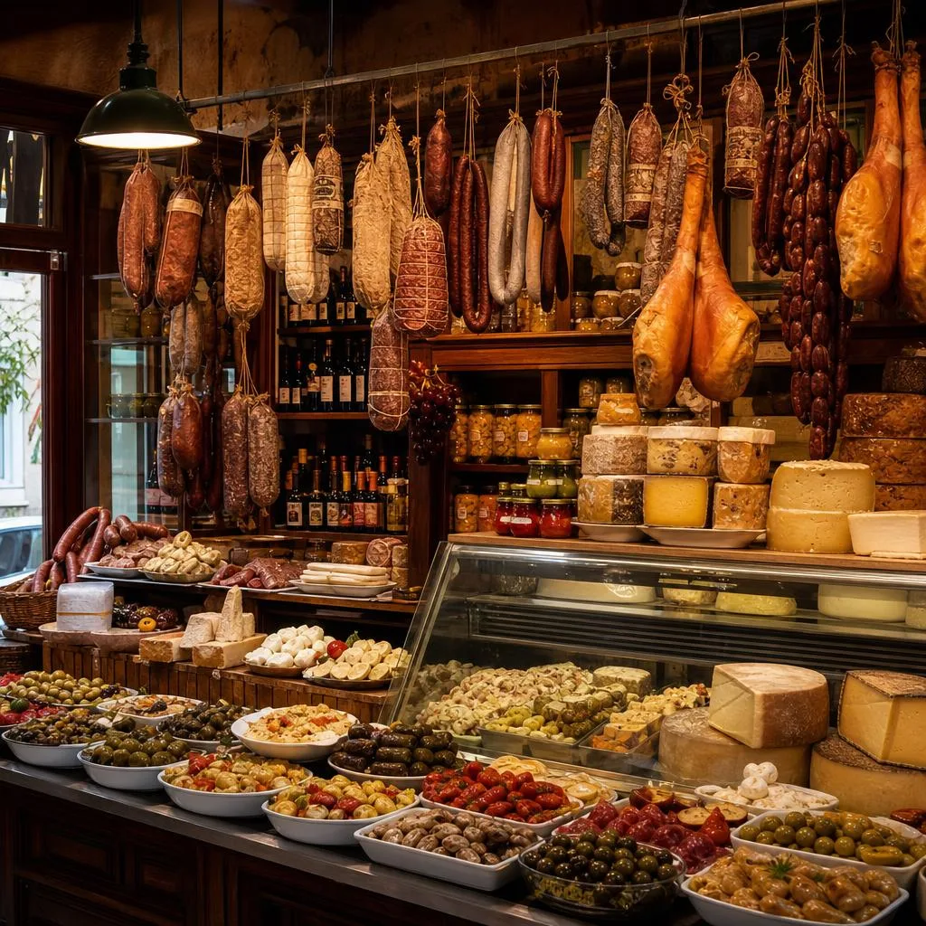 Wooden shelves lined with cured meats and cheeses at Ta Karamanlidika