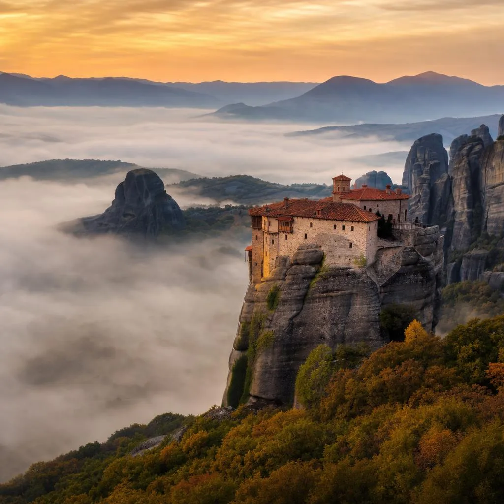 Monasteries perched on sandstone pillars at Meteora, Greece