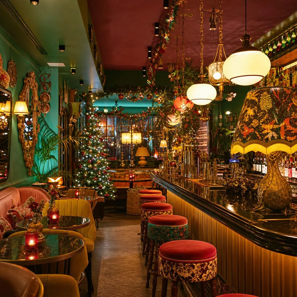 Christmas lights and vintage decor inside Noel bar Athens