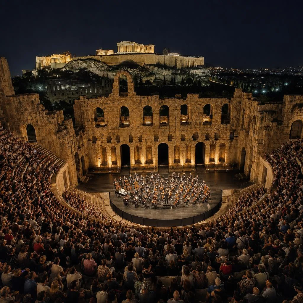 Concert at the illuminated Odeon of Herodes Atticus with Acropolis above