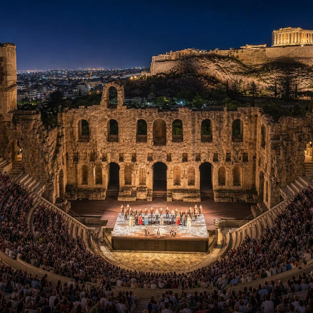 Odeon of Herodes Atticus at night with performers on the lit stage