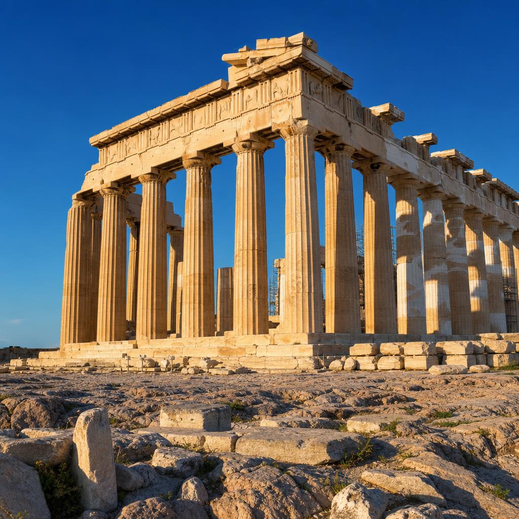 The Parthenon temple on the Acropolis of Athens at golden hour