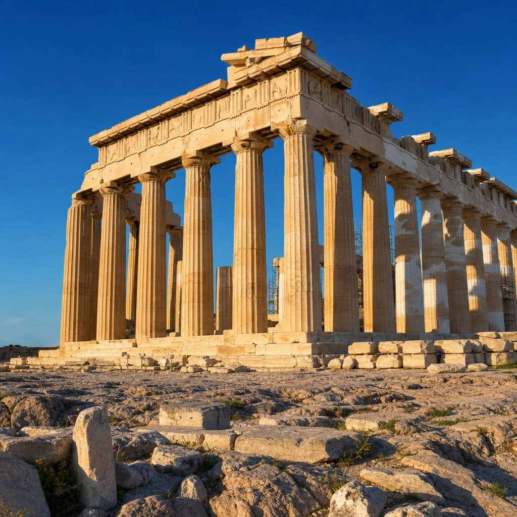 The Parthenon temple on the Acropolis of Athens at golden hour