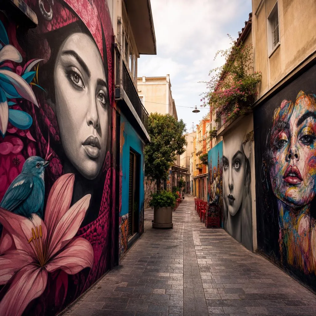 Large-scale street mural on a Psirri building wall in Athens