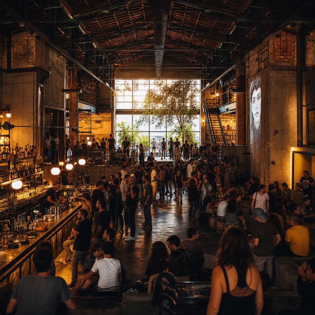 Romantso bar terrace with exposed brick and creative crowd in Athens