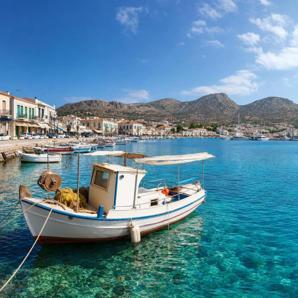 Crystal-clear turquoise waters of the Saronic Gulf with Greek island coastline
