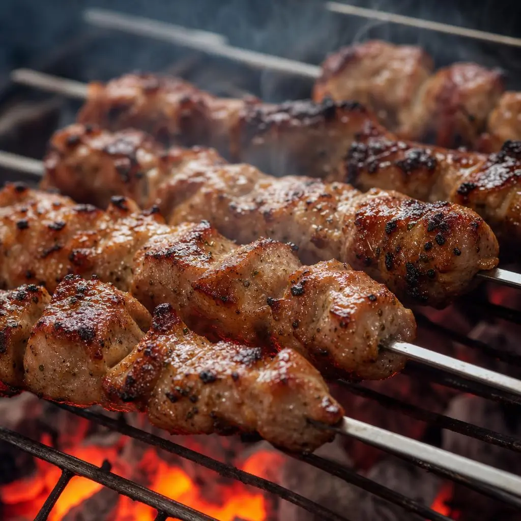 Charcoal-grilled pork kalamaki skewers at Sarri's Souvlaki in Psirri