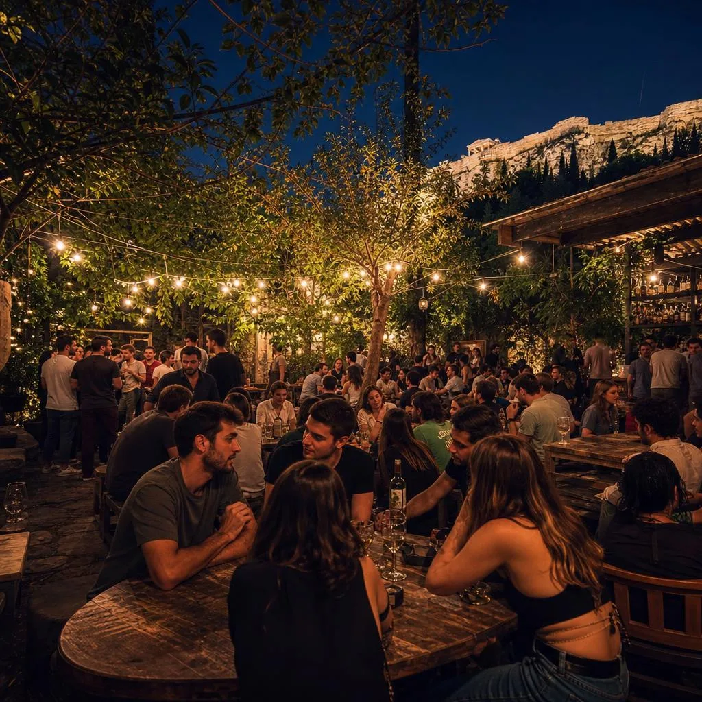 Garden bar at Six D.O.G.S. at night with fairy lights Athens