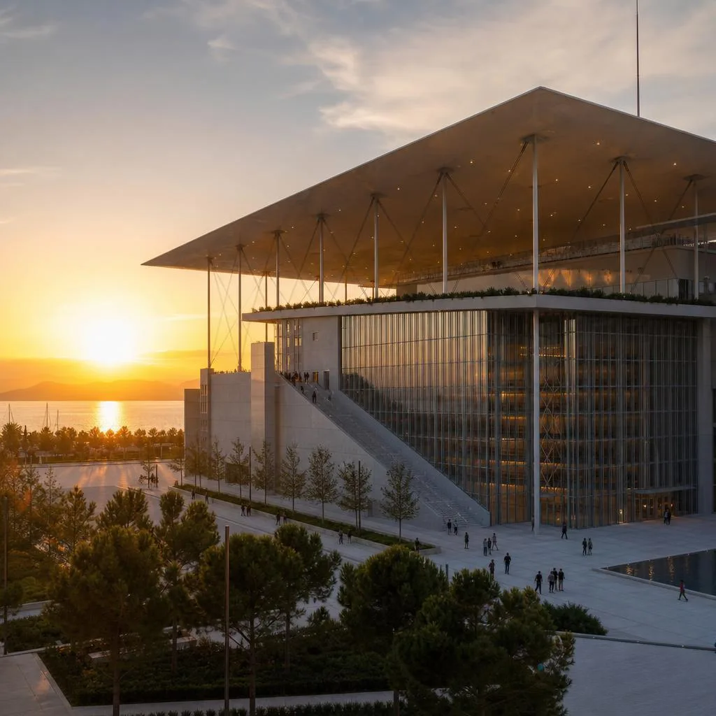Stavros Niarchos Foundation Cultural Centre by Renzo Piano at sunset
