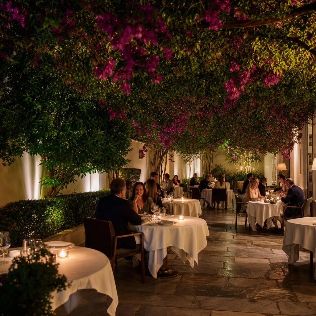 Elegant candlelit courtyard dining at Spondi restaurant Athens