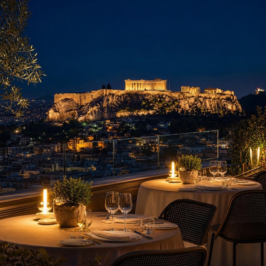 Rooftop terrace at Strofi restaurant with Acropolis view at night