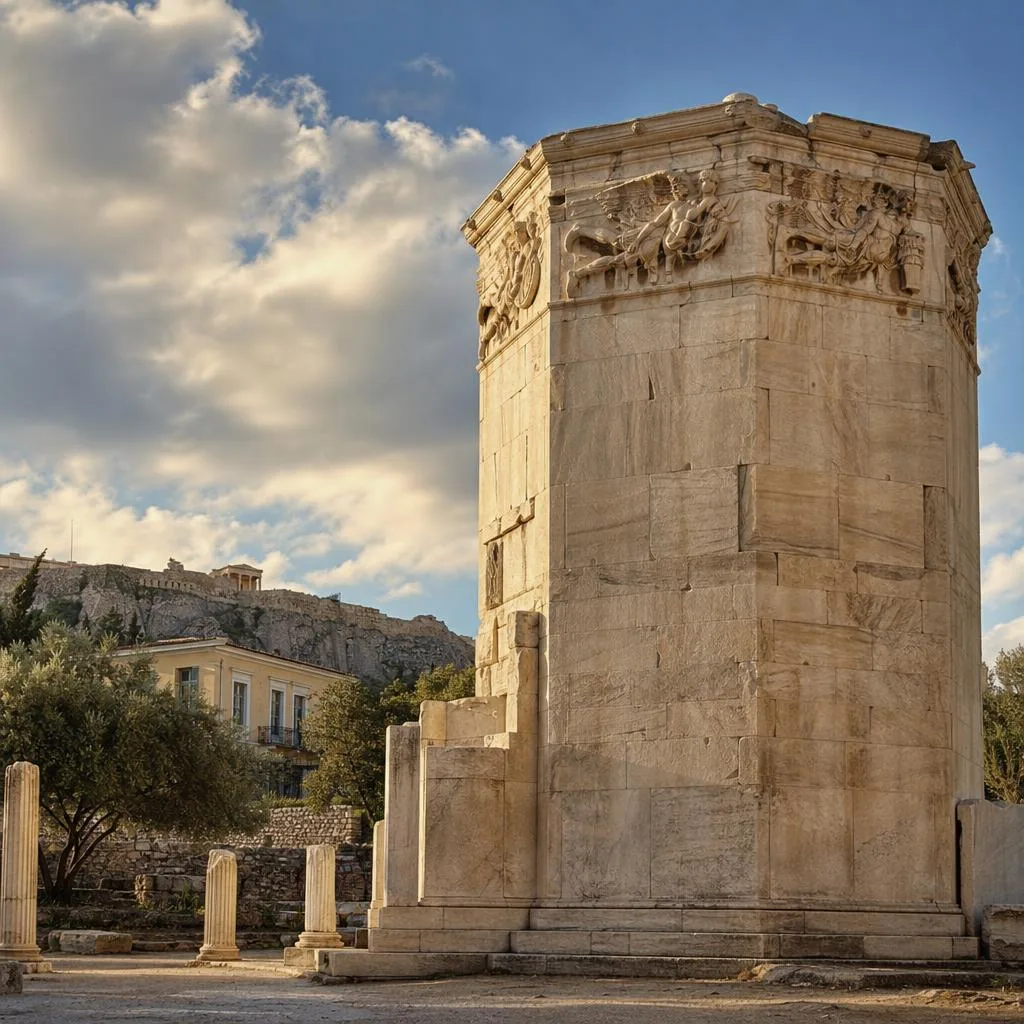 Octagonal marble Tower of the Winds in the Roman Agora Athens