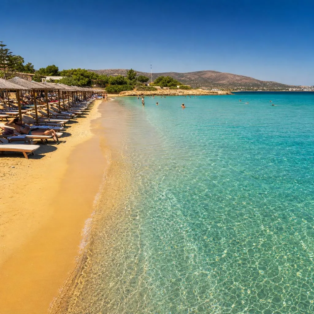 Clear blue water and sandy beach at Varkiza on the Athens Riviera