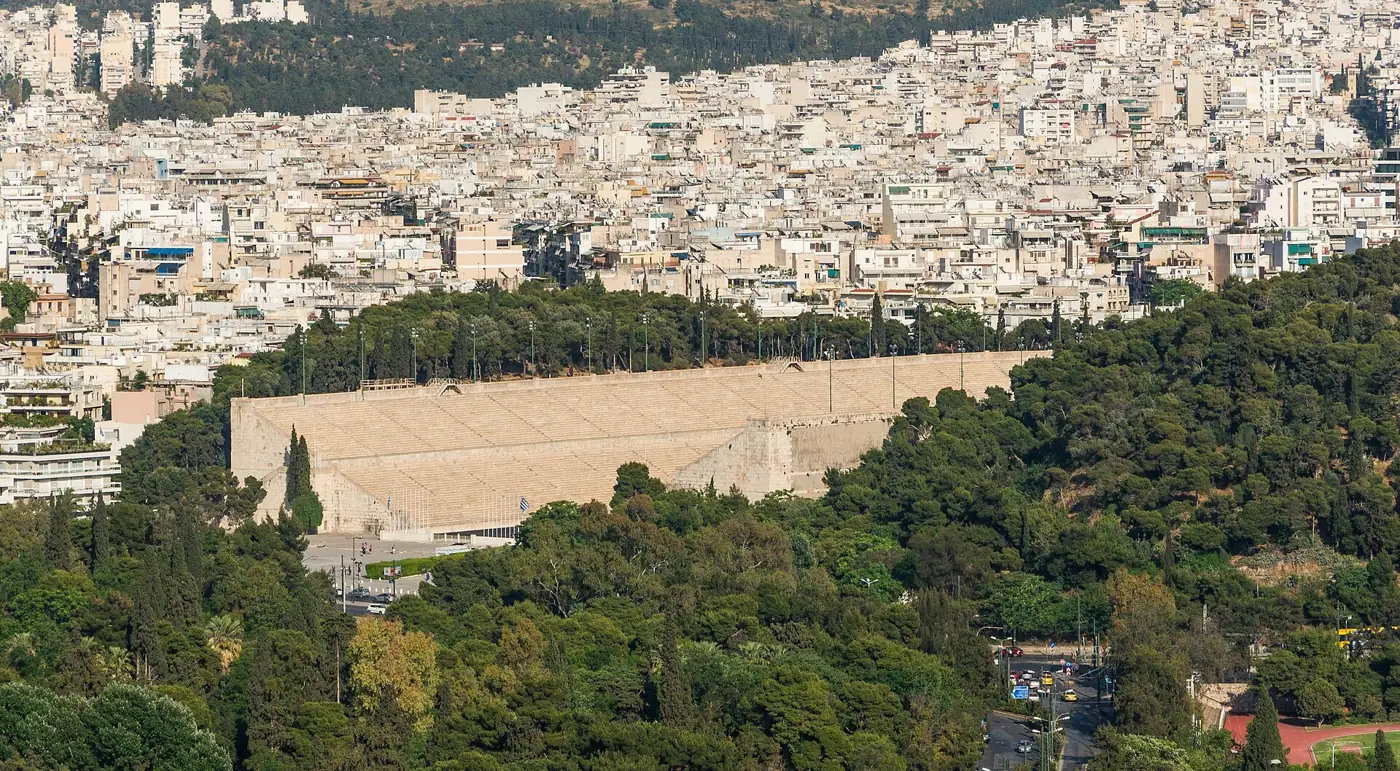 The Panathenaic Stadium in Pangrati, seen from the Acropolis