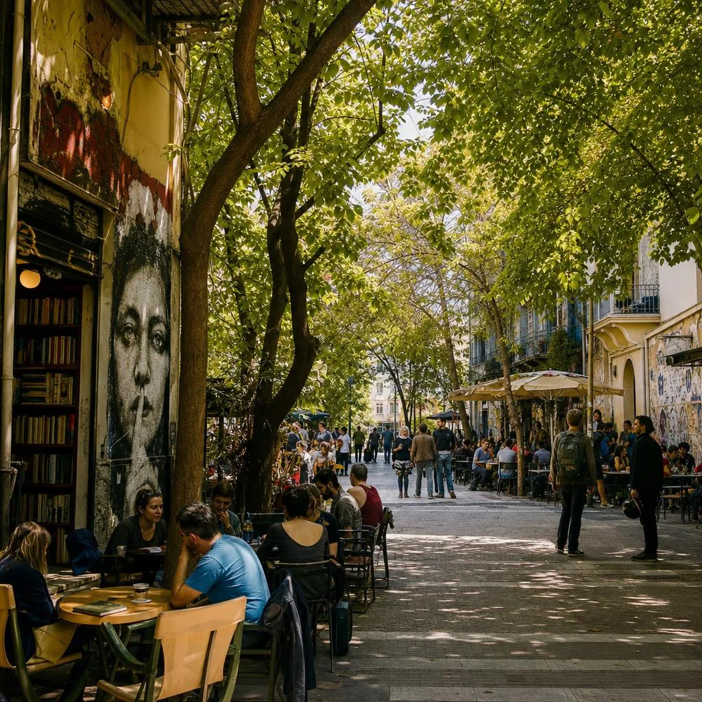 Exarcheia Square with outdoor cafe tables and graffiti-covered walls
