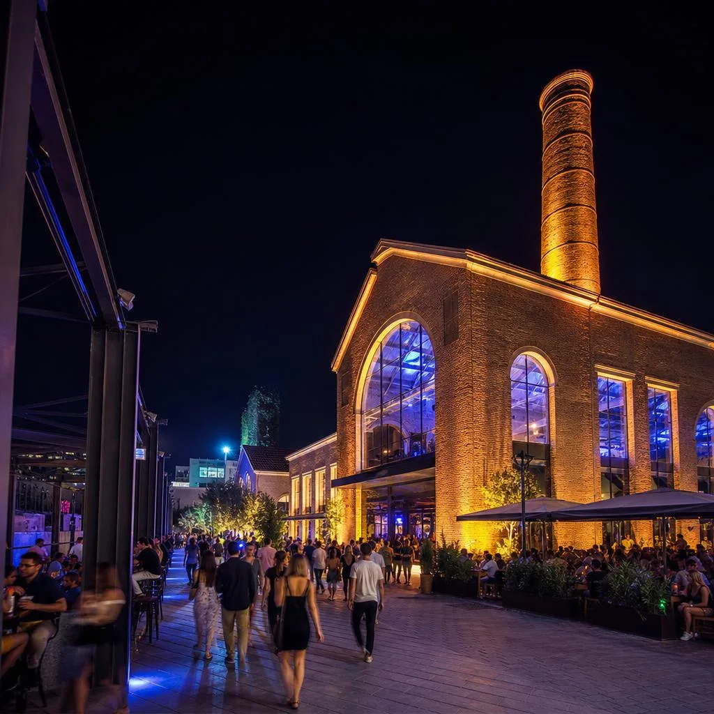Technopolis gas tower lit up at night in Gazi Athens