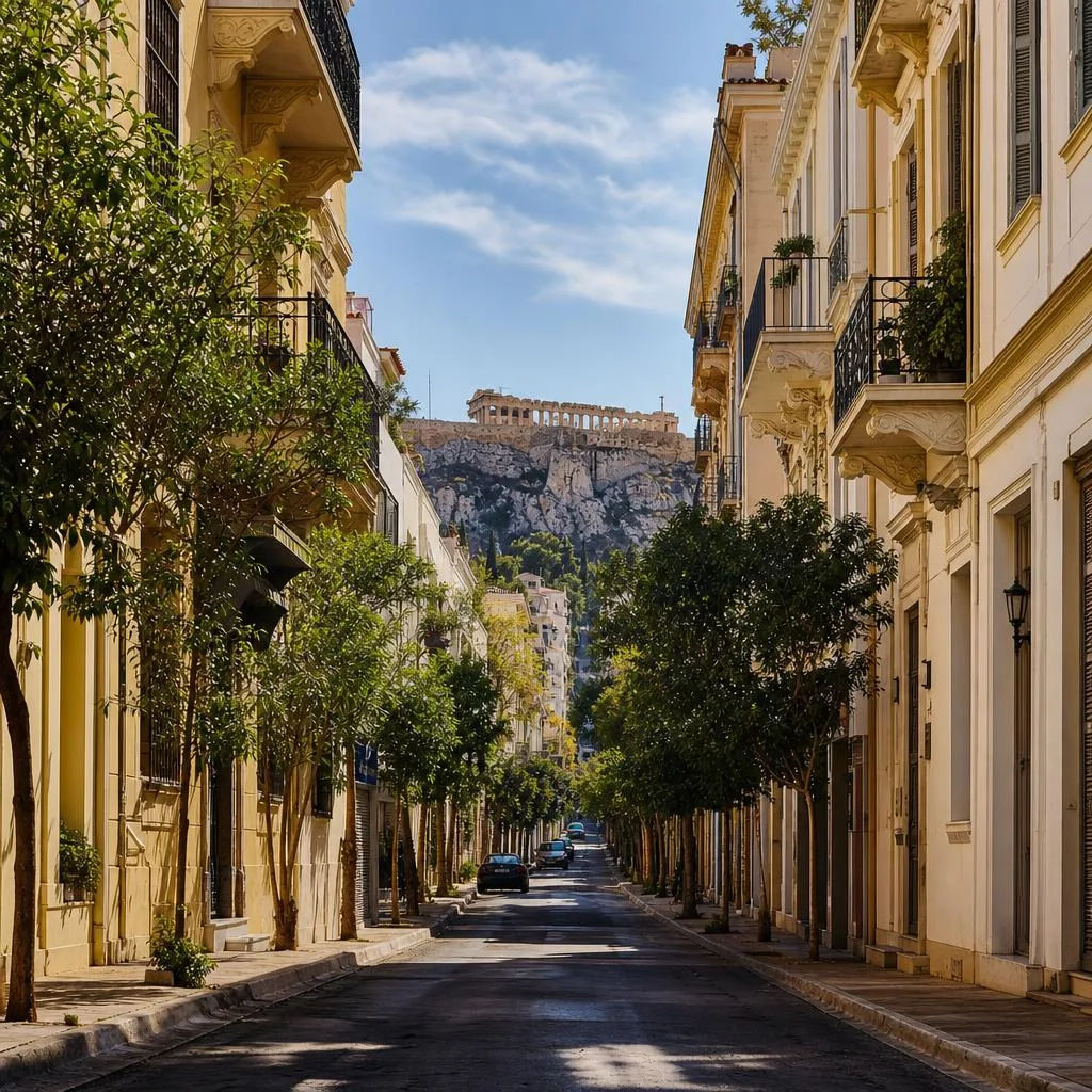 Koukaki street with the Acropolis visible at the end of the road