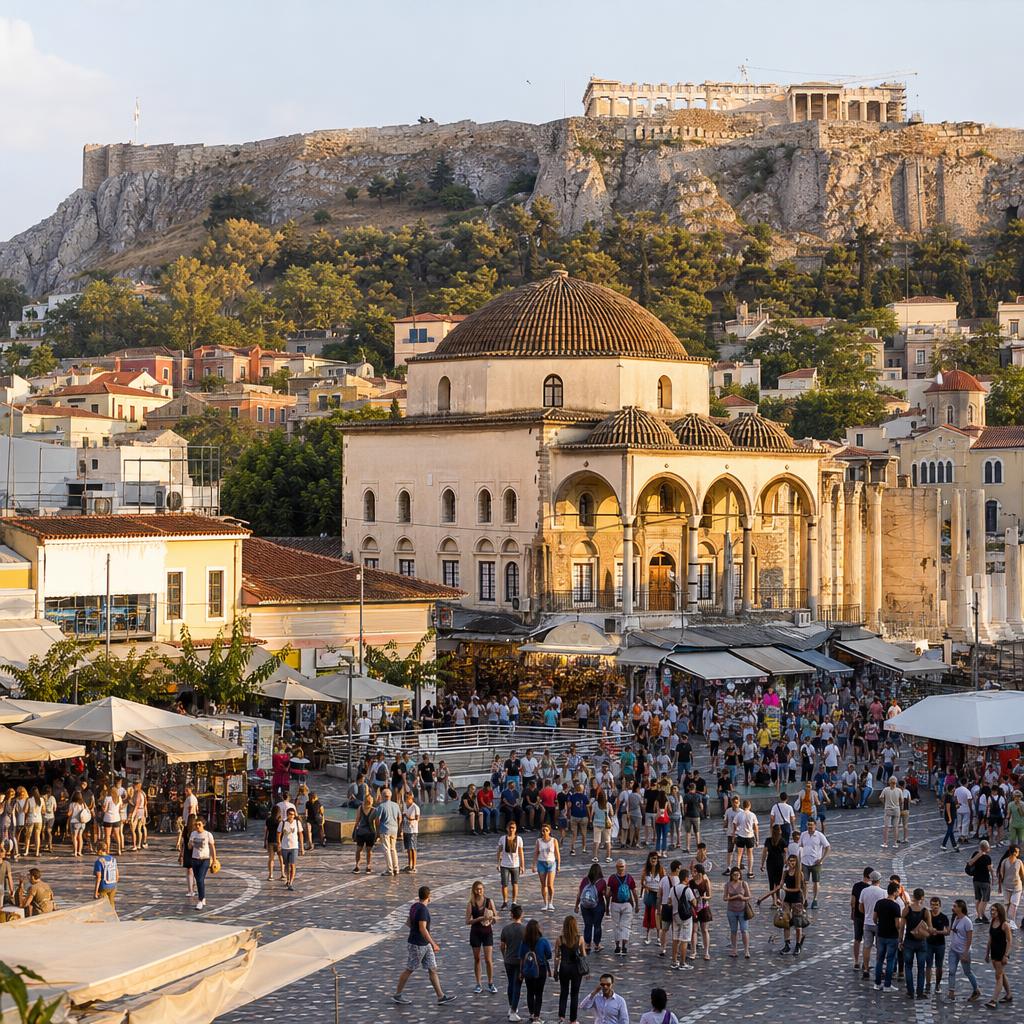 Monastiraki Square with the Acropolis in the background at dusk