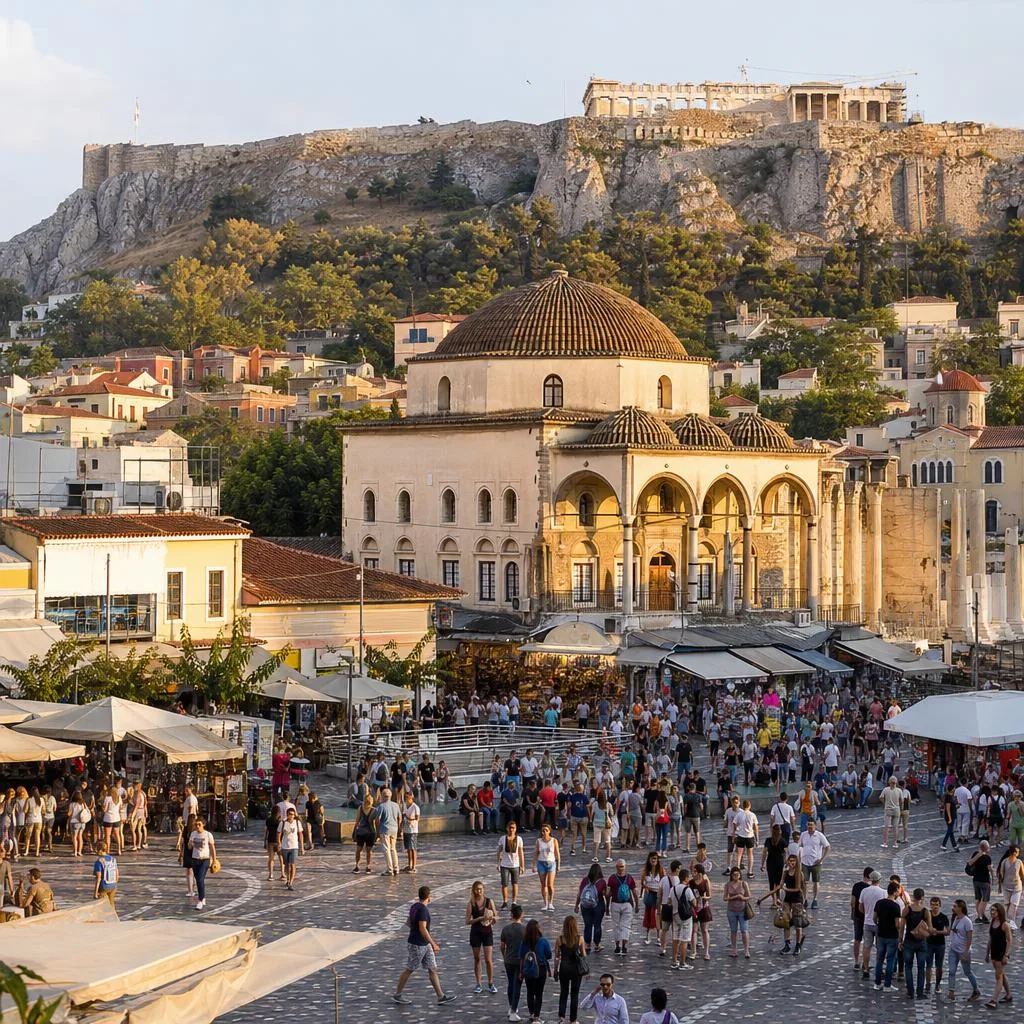 Monastiraki Square with the Acropolis in the background at dusk