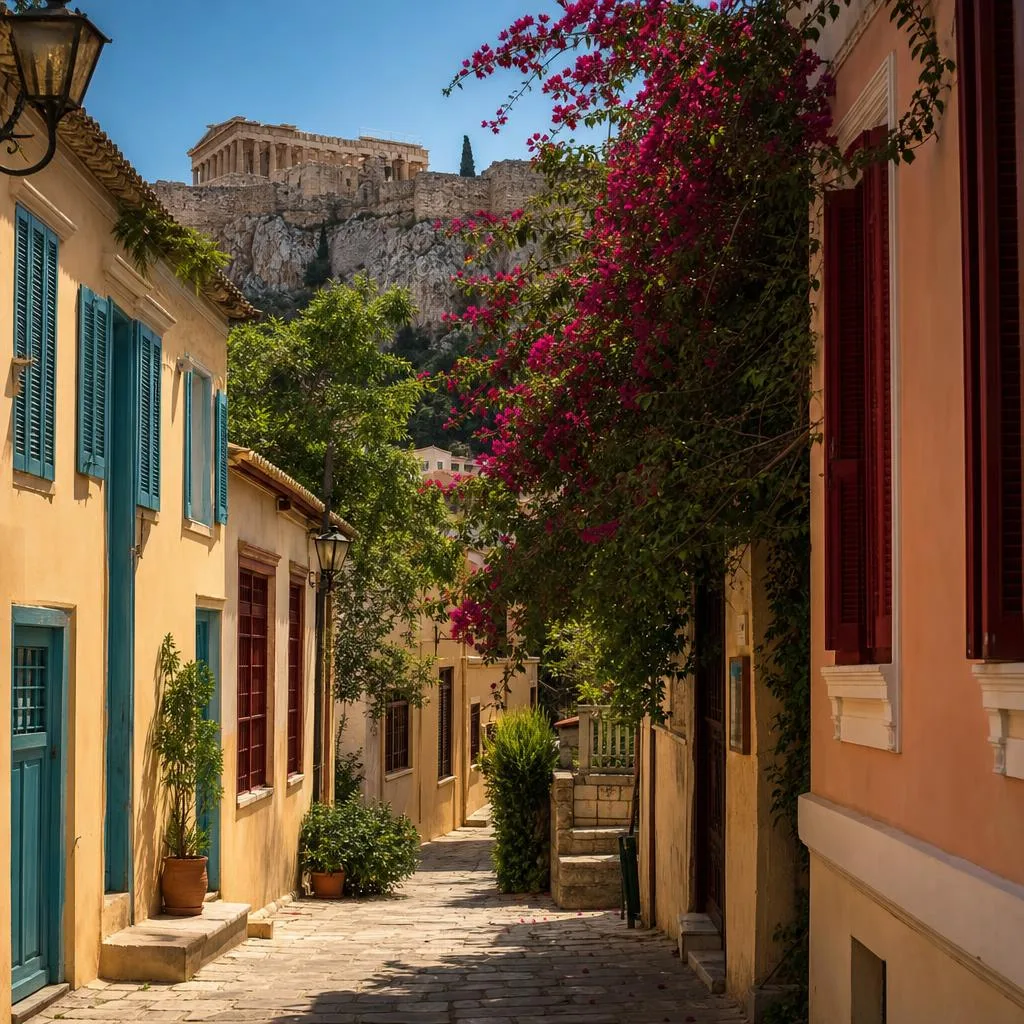 Anafiotika alley in Plaka neighbourhood with white-washed houses