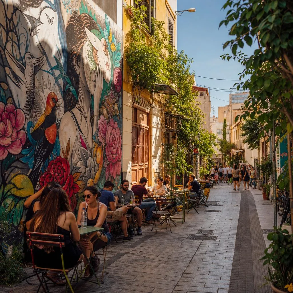 Colourful street art mural on a Psirri warehouse wall
