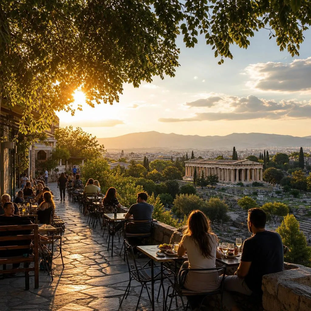 Café terrace in Thissio with the Temple of Hephaestus in the background